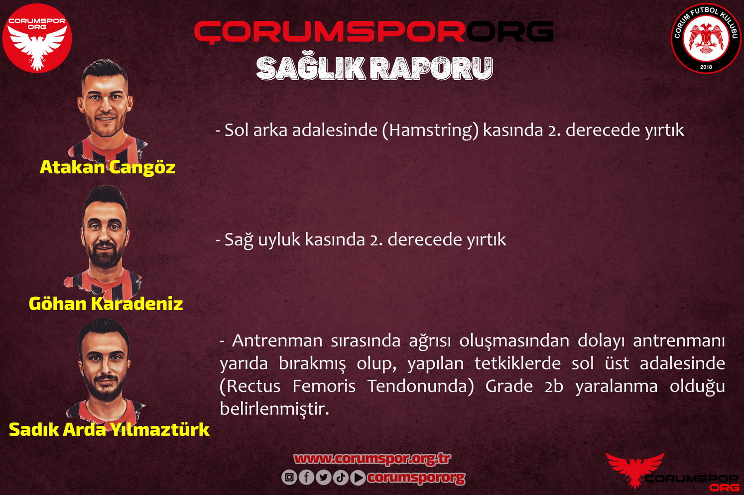 A.Çorum FK’dan Sağlık Durumu Bilgilendirmesi