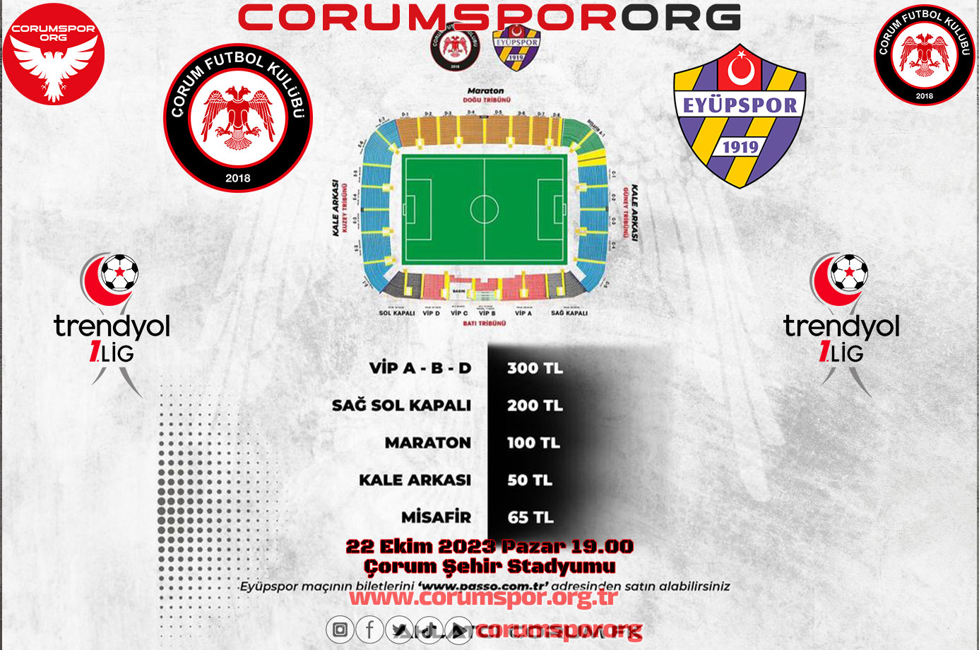 A.Çorum FK-Eyüpspor maç biletleri passolig’de satışta