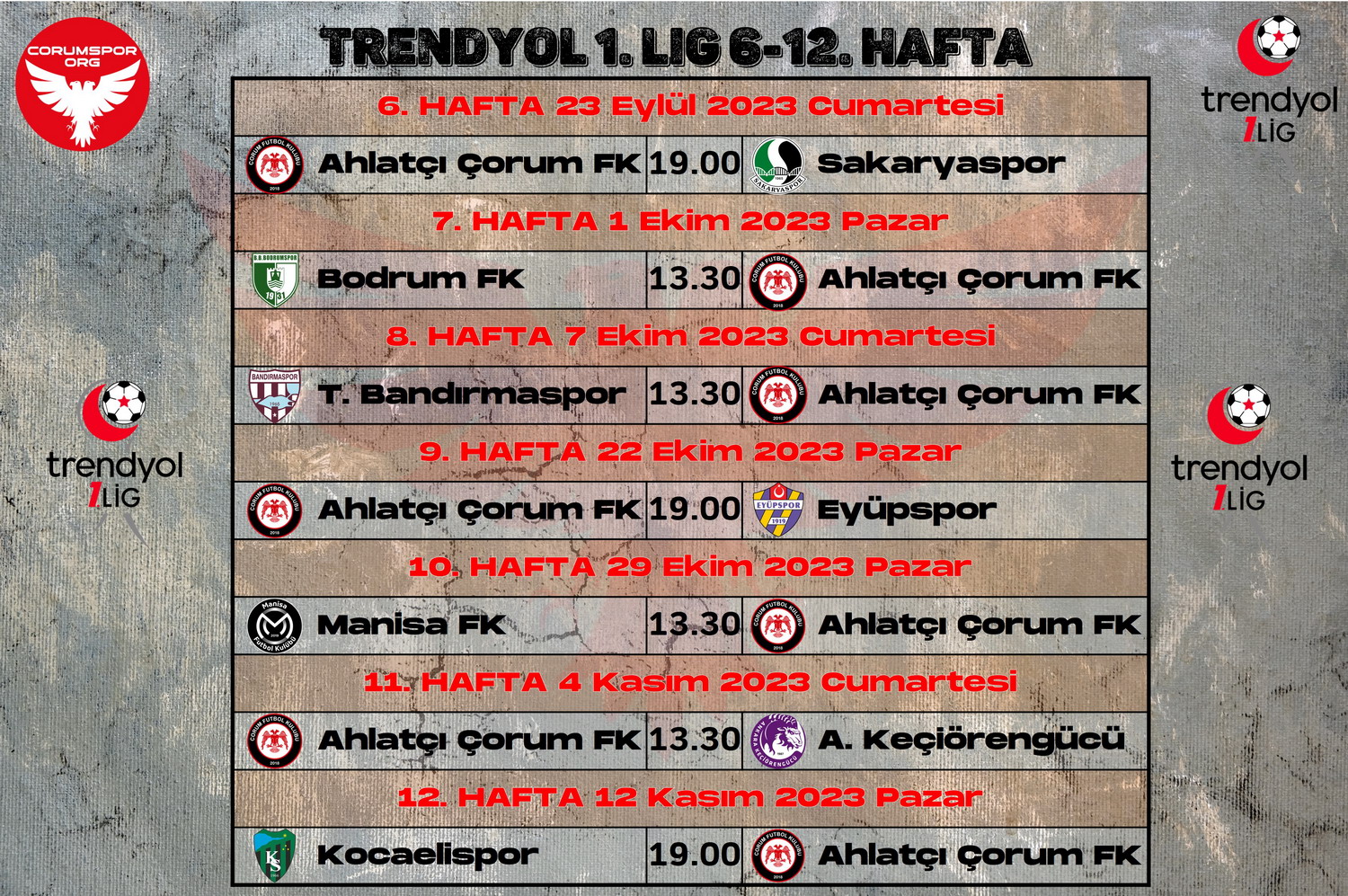 Ahlatcı Çorum FK’nın 6-12. hafta programı belli oldu