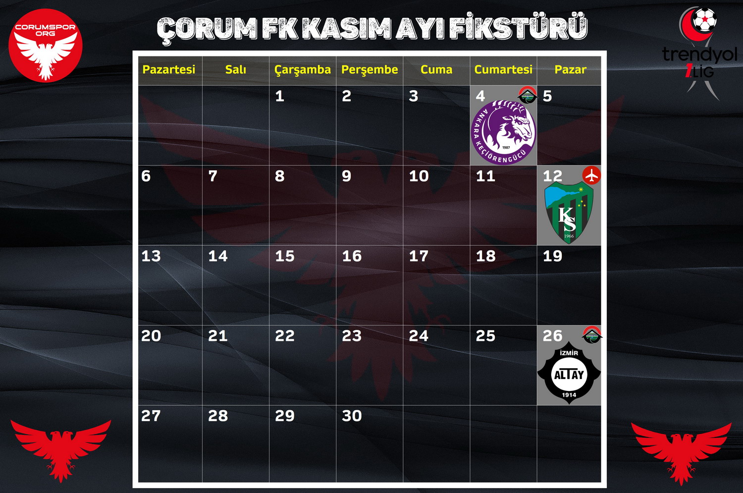 Ahlatçı Çorum FK Trendyol 1. Ligde Kasım ayı fikstürü