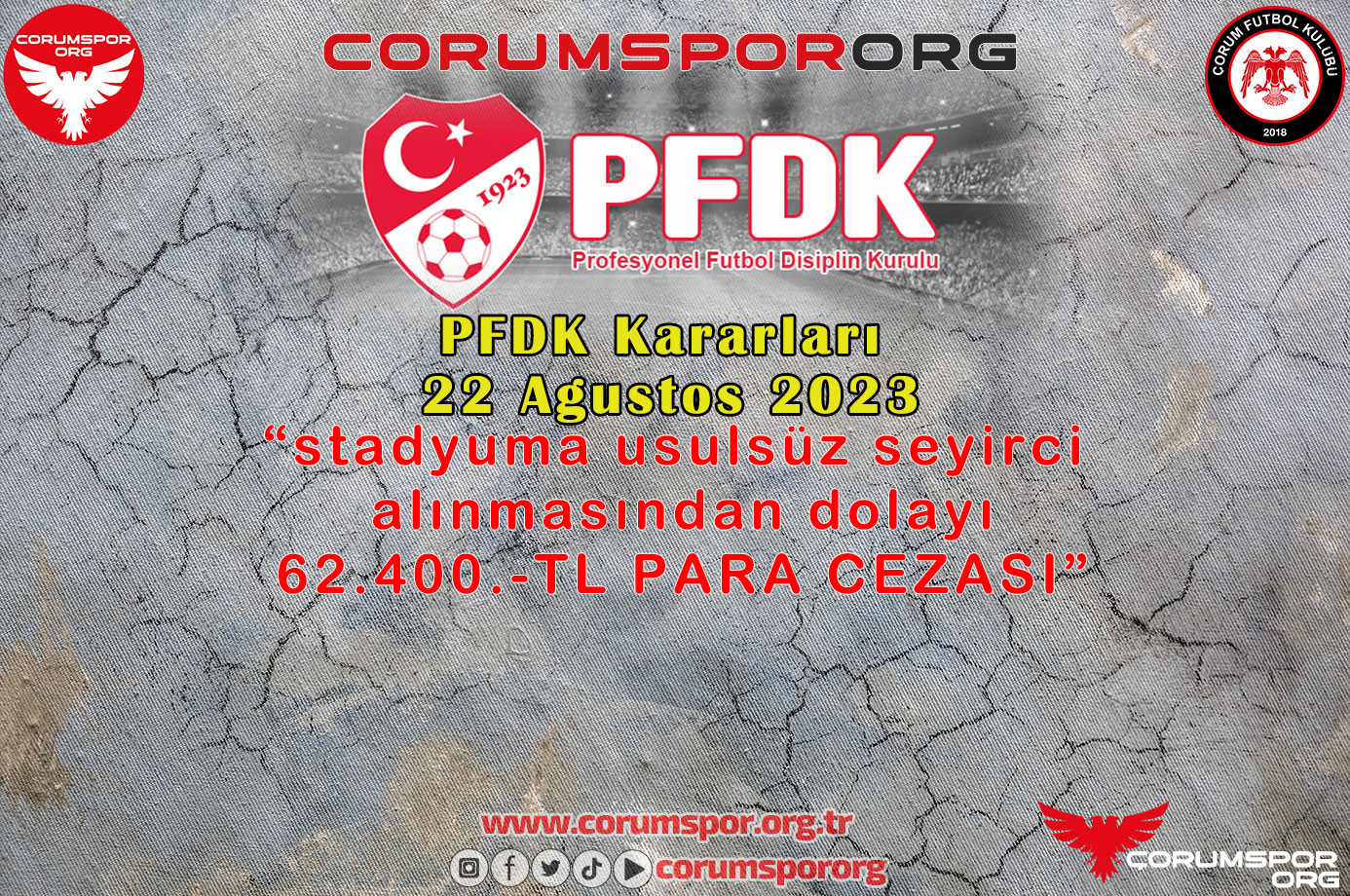 Çorum FK’ya sezonun ilk cezası 62 bin 400 lira