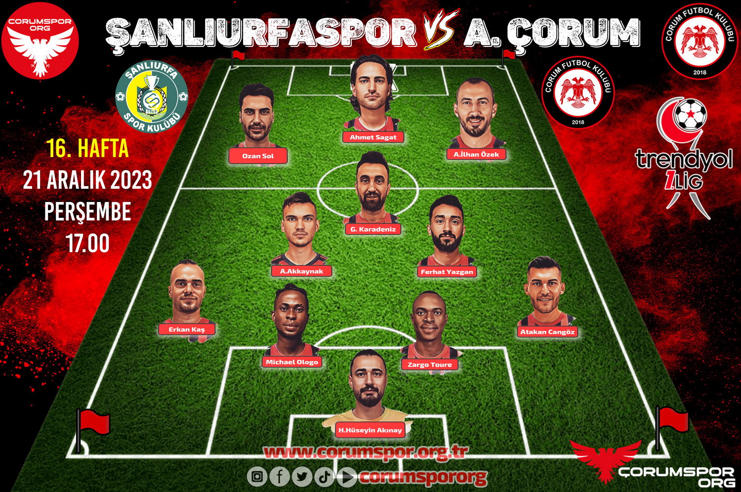 Maç Kadromuz Şanlıurfaspor - ÇorumFK