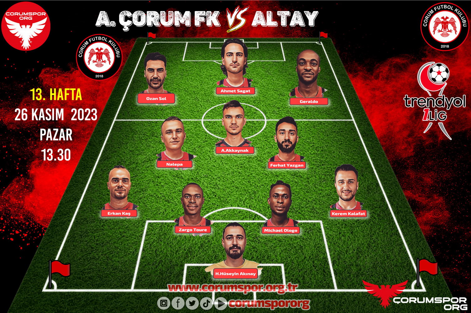 Maç Kadromuz Trendyol 1. Lig 13. Hafta Çorum FK-Altay