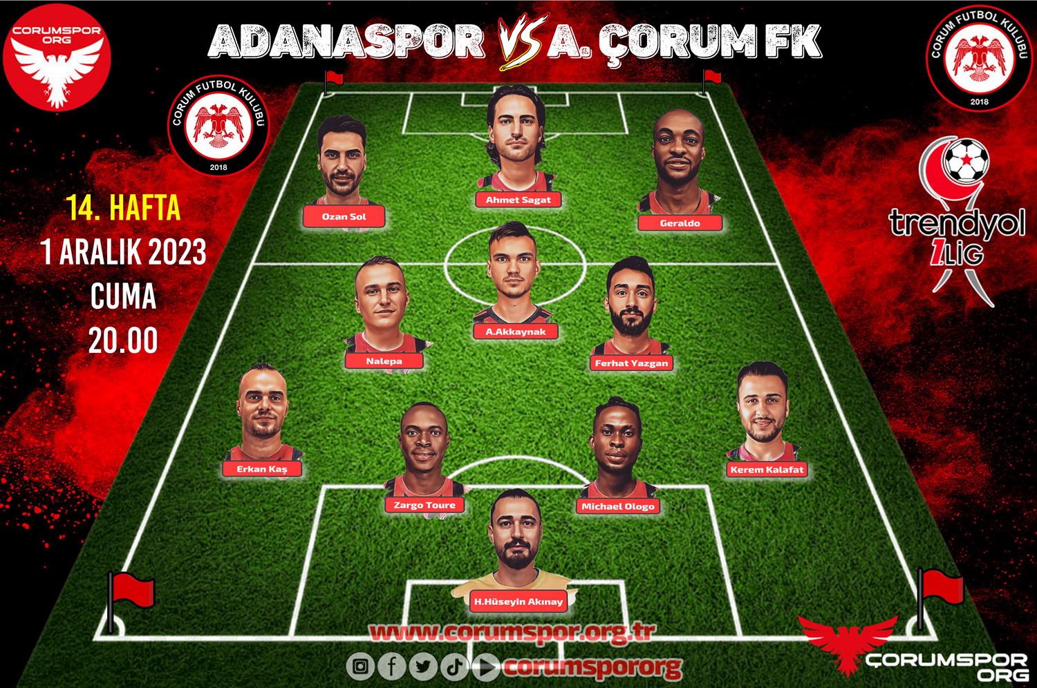 Maç Kadromuz Trendyol 1. Lig 14. Hafta Adanaspor – A.Çorum FK
