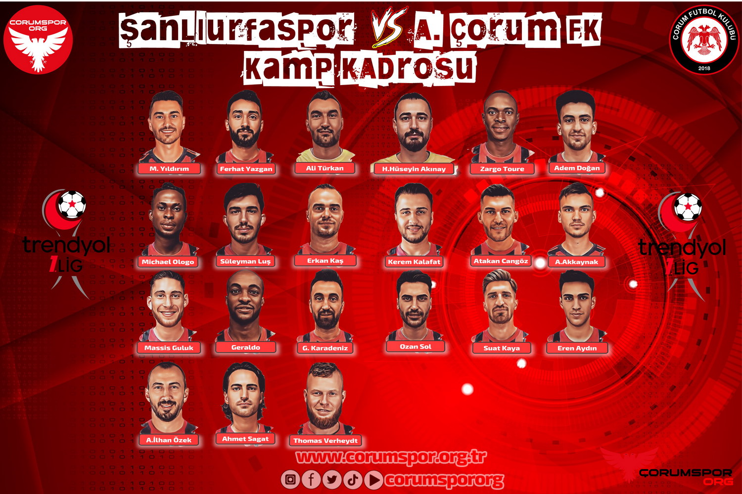 Şanlıurfaspor - Ahlatçı Çorum FK müsabakası kamp kadrosu belli oldu.