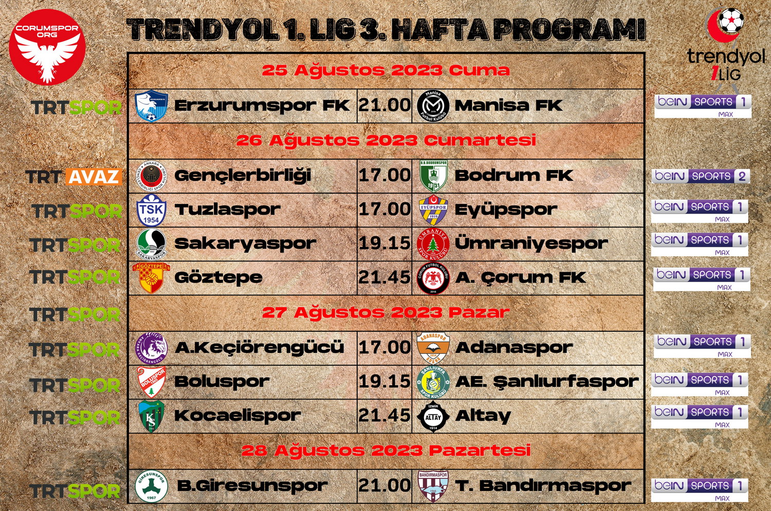 Trendyol 1.Lig’de 3.Haftanın Maçları, Yayın Durumu ve Hakemleri