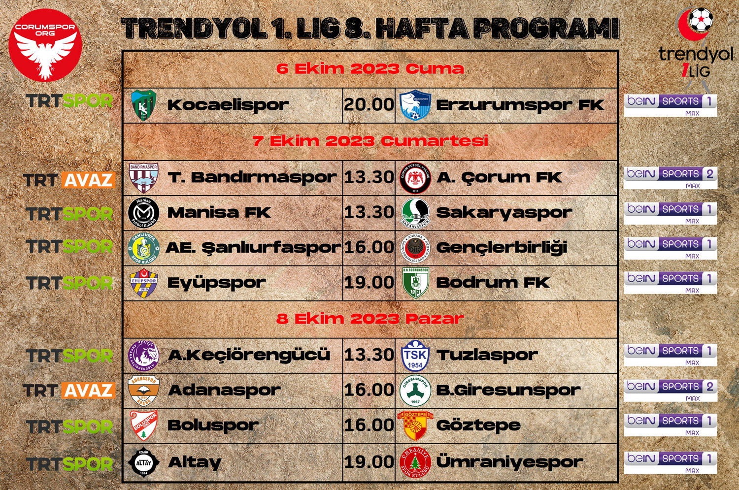 Trendyol 1. Ligde 8. haftanın maç programı ve canlı yayın durumu