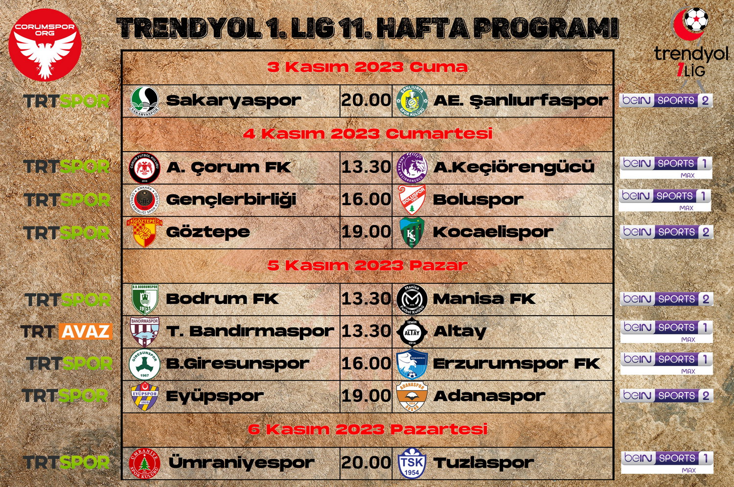 Trendyol 1. Ligde 11. haftanın maç programı ve canlı yayın durumu